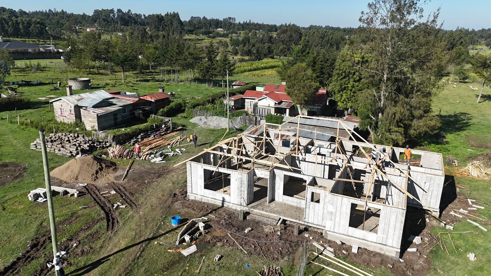 Aerial view of a residential build with roof trusses